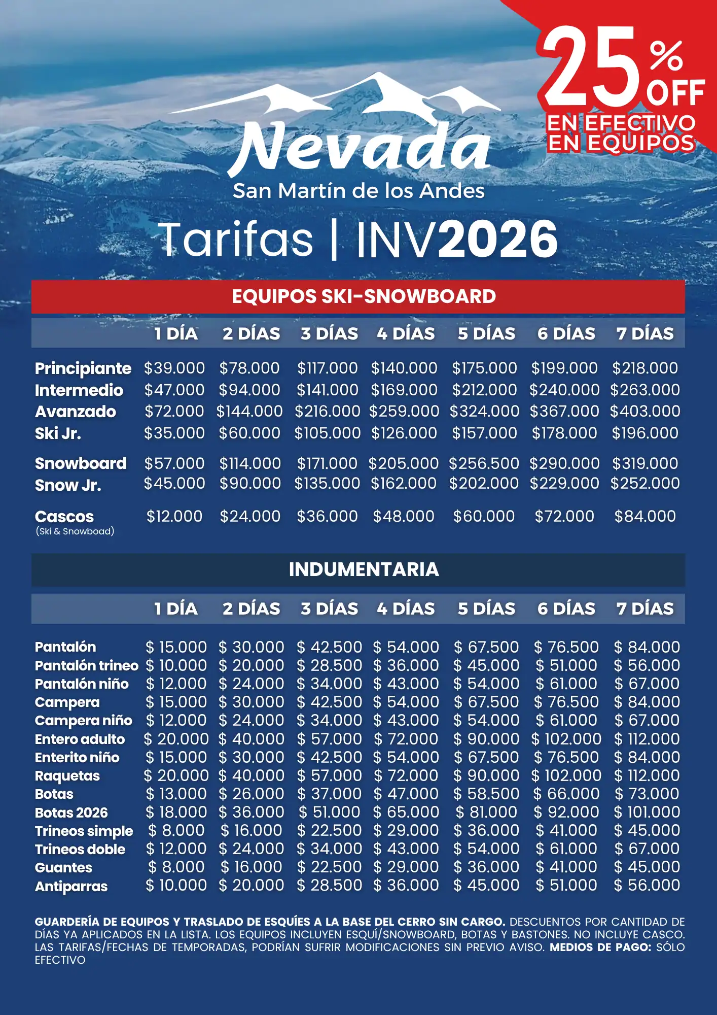 Tarifas Nevada Chapelco